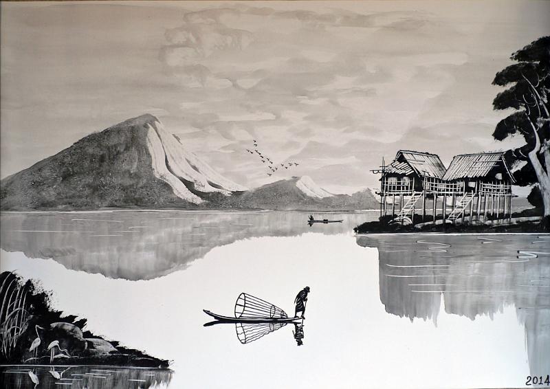 Kunst-05-Seib-TK.jpg - Inle Lake, Myanmar, TK, Inwa 2014, ink, w 39 × h 27 (Photo by Roland Seib)