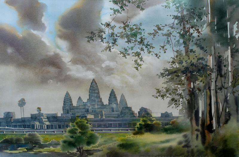Kunst-06-Seib-unknown.jpg - Angkor Wat, Cambodia, unknown artist, Siem Reap 2002, watercolor, w 55 × h 37 (Photo by Roland Seib)