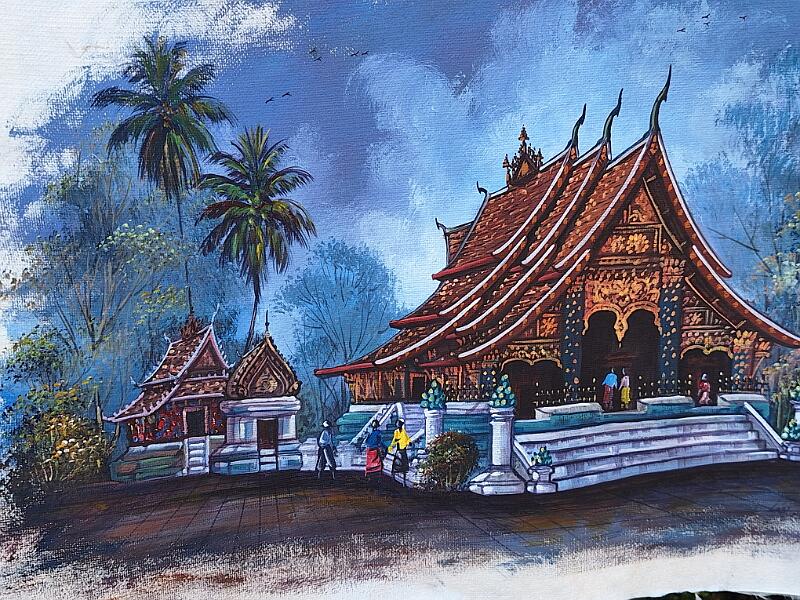 Kunst-06b-Seib-Nok.jpg - Vat in Luang Prabang, Nam Nok, Luang Prabang 2025, Gouache on paper, w 78 × h 60 (Photo by Roland Seib)
