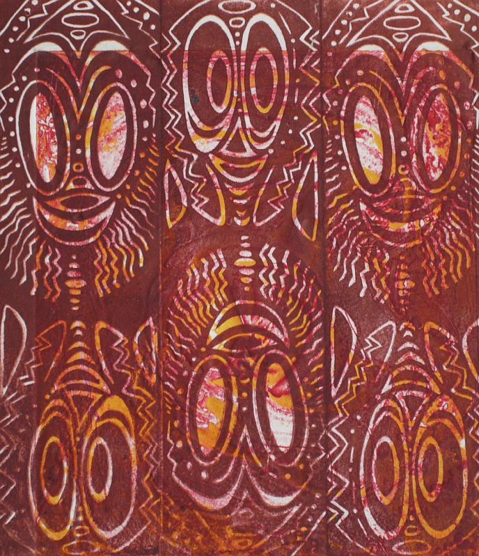 Kunst-11-Seib-Yobale.JPG - “Spirits of the dead”, Philip Yobale, Port Moresby 1997, woodblock printing, w 27,5 × h 23 (Photo by Roland Seib)